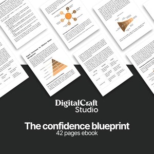 May include: A collection of pages from an ebook titled "The confidence blueprint" by DigitalCraft Studio. The ebook is 42 pages long and features illustrations and text about building confidence.
