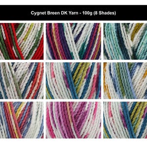 Peut inclure: Cygnet Breen DK Yarn - 100g (8 Shades). Un collage de neuf images en gros plan montrant des brins de laine mouchetés multicolores. Chaque section affiche une combinaison différente de fibres torsadées dans diverses teintes dont rouge, bleu, vert, violet et blanc.