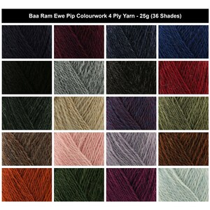 May include: Baa Ram Ewe Pip Colourwork 4 Ply Yarn, 25g, displayed in a grid of twenty individual color swatches. The collection features a diverse range of solid hues including deep blues, reds, greens, browns, grays, pinks, and purples.