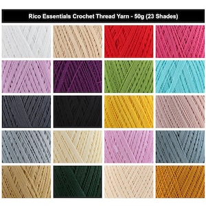 May include: A grid of 20 squares displaying Rico Essentials Crochet Thread Yarn in 50g balls, featuring a diverse palette of colours including white, beige, red, pink, purple, green, blue, black, yellow, grey, and brown shades.