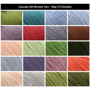 Op de afbeelding: Een raster van twintig stalen van Cascade 220 Worsted garen, elk met een gewicht van 100g. De collectie toont een verscheidenheid aan kleuren, waaronder tinten groen, blauw, rood, bruin, roze, grijs en paars, die de textuur van de vezels benadrukken.