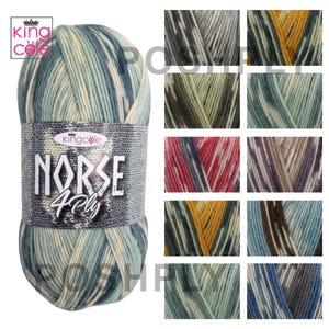 May include: A ball of King Cole Norse 4 Ply yarn in shades of blue, green, and cream. The label reads "NORSE 4 Ply". Additional color swatches are displayed to the right of the yarn ball.