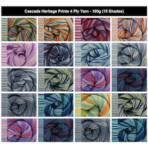 May include: A collection of Cascade Heritage Prints 4 Ply Yarn in 100g skeins, displayed in a grid of 20 squares. Each square features a different multi-colored variegated yarn pattern, showcasing various color combinations including blues, greens, pinks, and oranges.