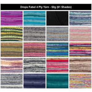 May include: A collection of Drops Fabel 4 Ply Yarn in 50g skeins, displayed in a grid of 20 swatches showing various colourways. The image includes text reading Drops Fabel 4 Ply Yarn - 50g (61 Shades). The swatches feature solid, variegated, and striped patterns in diverse colours.