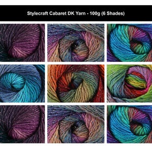 May include: Stylecraft Cabaret DK yarn in 100g skeins, presented in a grid of six distinct colorways. Each skein features a multi-tonal, twisted fiber construction with integrated metallic shimmer threads throughout the textured, soft yarn strands.