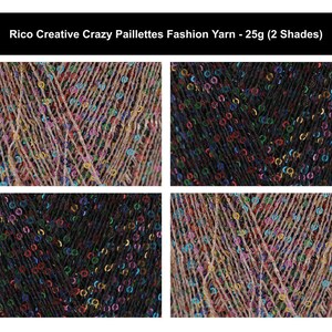 May include: Rico Creative Crazy Paillettes Fashion Yarn - 25g (2 Shades). Two skeins of yarn are shown in beige and black, both featuring a thin thread construction embedded with small, multicolored, circular sequins throughout the texture.