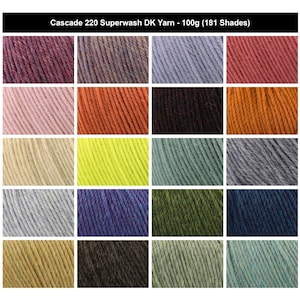 Op de afbeelding: Een raster van twintig stalen Cascade 220 Superwash DK garen, elk met een gewicht van 100g. De collectie toont een verscheidenheid aan kleuren, waaronder tinten roze, oranje, bruin, geel, groen, blauw, grijs en paars, met 181 beschikbare tinten.