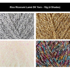 May include: Rico Ricorumi Lamé DK Yarn - 10g (4 Shades) featuring four distinct metallic yarn textures: a solid silver, a solid gold, a pale cream with subtle pink flecks, and a multi-colored blend of metallic blue, pink, silver, and gold strands.
