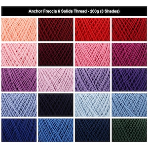 May include: A grid of twenty squares displaying Anchor Freccia 6 Solids Thread in various colors, labeled Anchor Freccia 6 Solids Thread - 200g (3 Shades). The collection features shades of peach, red, pink, purple, blue, and dark green.