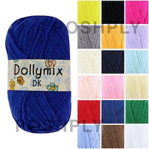 May include: A ball of blue Dollymix DK yarn with a label showing the brand name and floral patterns. A colour chart displays various yarn shades, including yellow, black, pink, grey, orange, purple, cream, navy, and green.