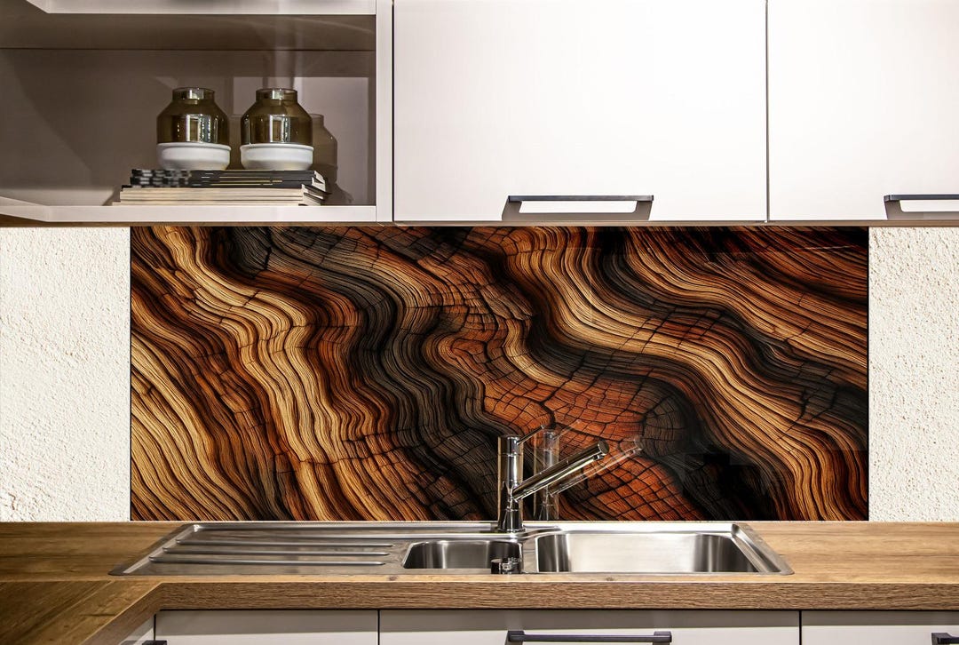 Wood Texture Glass Kitchen Backsplash: Heatproof Rustic Wall Art - Etsy - Textured Glass Kitchen Wall Mural