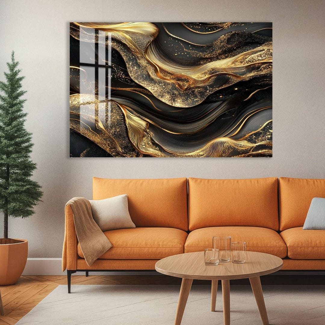Black and Gold Marble Tempered Glass Wall Art | Modern Luxury Circle - Etsy