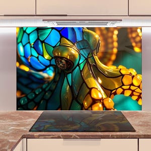 Tempered Glass Backsplash-Mosaic Octopus Backsplash Tiles-Stained Backsplash for Kitchen Splashback for Stove Back Cover-