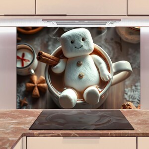 May include: A charming image of a marshmallow snowman in a mug of hot chocolate, with a cinnamon stick. The scene includes a cup of hot chocolate with a red cross, star-shaped biscuits, and other festive elements.
