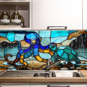 Tempered Glass Backsplash-Mosaic Octopus Backsplash Tiles-Stained Backsplash for Kitchen Splashback for Stove Back Cover-