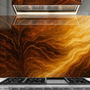 Tempered Glass Stove Backsplash: Golden Swirl Art Panel