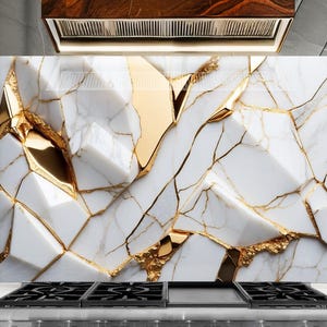 Tempered Glass Kitchen Backsplash: Black & Gold Marble Tile