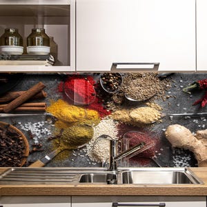 Tempered Glass Kitchen Backsplash: Spices & Herbs Design