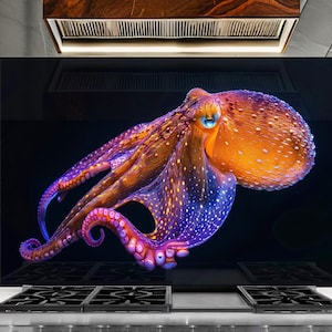 Tempered Glass Backsplash-Stained Octopus Backsplash Tile-Stove Backsplash for Mosaic Tile Splashback for Stove Back Cover-Mosaic Backsplash