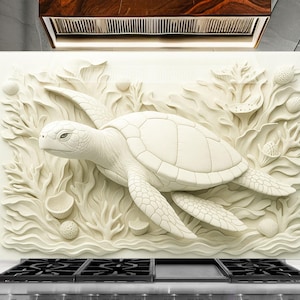 Sea Turtle Kitchen Backsplash: Sculpted Coral & Tempered Glass Art