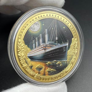 Titanic Commemorative Coin 1912 RMS Voyage – Gold/Silver Plated 40mm Collectible Coin in Capsule – Historic Ship Souvenir Medal