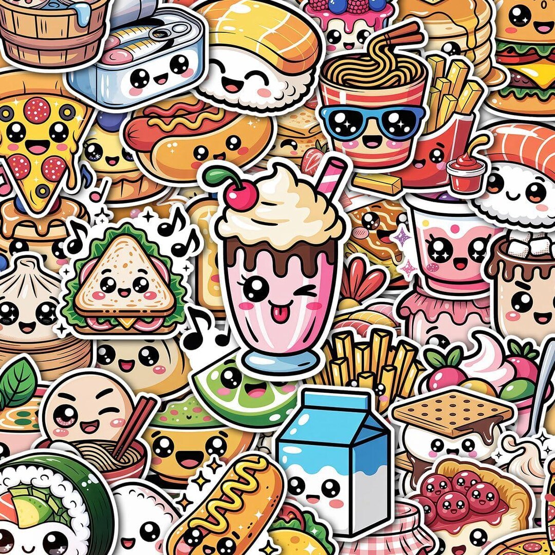 Kawaii Food Sticker Pack 60pcs Cute Happy Snacks, Sushi, Ice Cream ...