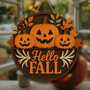 Hello Fall 3D Door Sign, Halloween Door Hanger, Fall Pumpkin Door Sign, Pumpkin Welcome Sign, Floral Autumn Home Decor, Halloween Decor Gift