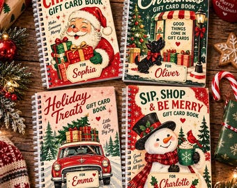 May include: Four spiral-bound Christmas gift card books with festive illustrations. The covers feature Santa Claus, a black dog, a red car carrying gifts, and a snowman, each personalized with the names Sophia, Oliver, Emma, and Charlotte.