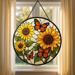 Sunflower and Butterfly Stained Glass Suncatcher, Gifts For Mom, Light Catcher Sun Room Decor, Floral Sun Catcher Butterfly, Christmas Gift