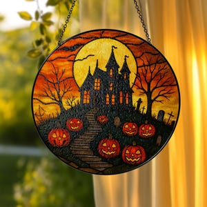 Haunted House Stained Glass Suncatcher, Spooky Pumpkin Path Design, Halloween Decor Accent, Horror Fans, Halloween Gift Idea, Fall Decor