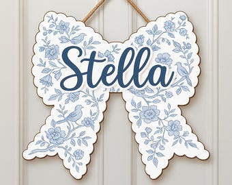 Personalized Chinoiserie Wooden Bow Name Sign, Coquette Kids Room Door Sign, Custom Girls Name Sign, Girls Room Decor, Decor for Baby Girl