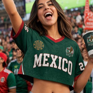 May include: A dark green cropped jersey with red trim on the V-neck and sleeves. The front features the word MEXICO in large white letters, a circular gold emblem, and a Mexico national team crest. The fabric has a subtle tonal pattern throughout.