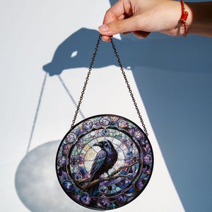 Raven Stained Glass Suncatcher, Gothic Crow Window Hanging, Unique Indoor Home Decor, Halloween Gift, Housewarming Gift Idea for Dark Theme
