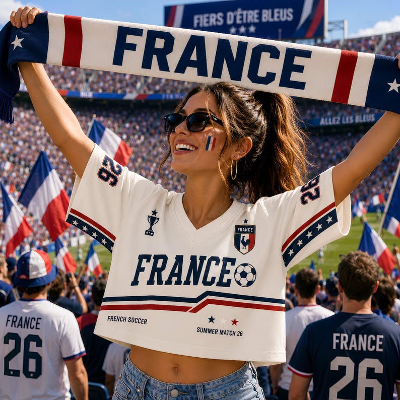 A woman wearing a white jersey with "FRANCE" printed on it is holding up a large scarf with the word "FRANCE" written on it. She is smiling and appears to be enjoying the event.