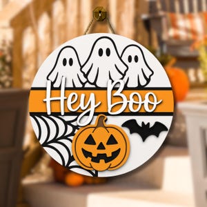 Hey Boo Door Hanger, Pumpkin Fall Door Sign, Front Door Decor, Ghost Door Hanger, Halloween Door Hanger, Welcome Halloween Gift