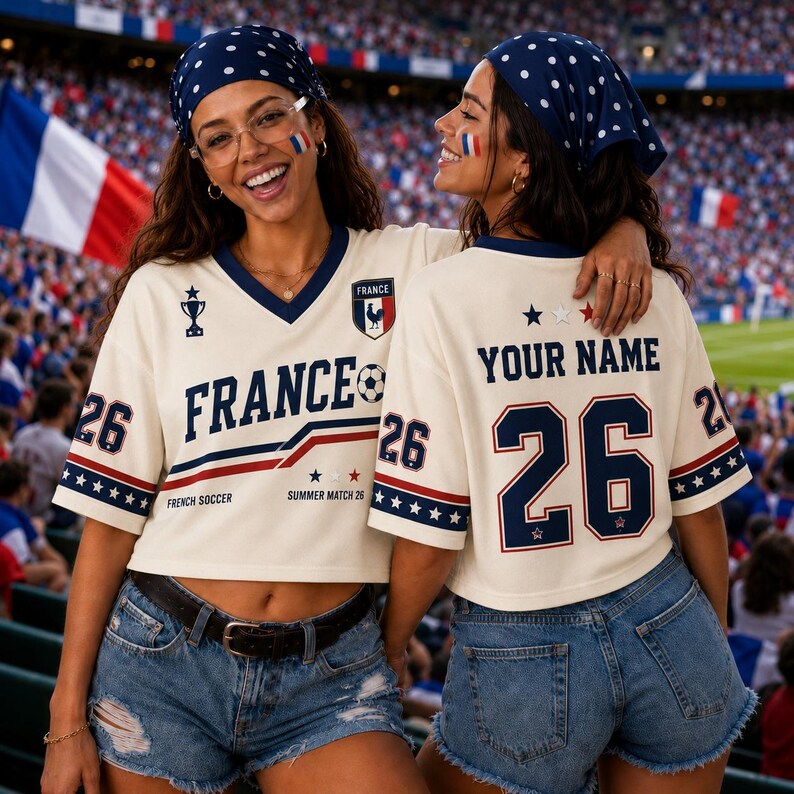 Two women wearing France soccer jerseys and bandanas are smiling and posing together in a stadium.