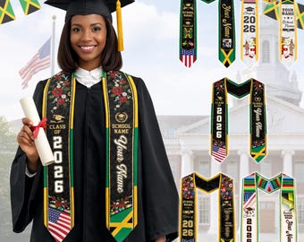 May include: A graduation sash with the text "Class of 2026" and "School Name" is worn by a graduate. The sash features the American and Jamaican flags, floral designs, and the text "Your Name". Additional sashes with similar designs are also displayed.