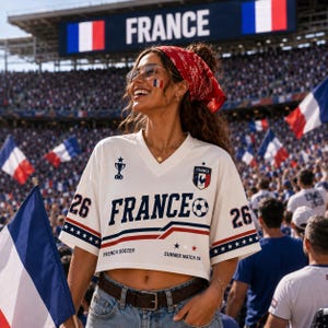 A woman wearing a white jersey with "FRANCE" printed on it, smiling and holding a French flag, stands in front of a large crowd at a soccer stadium.