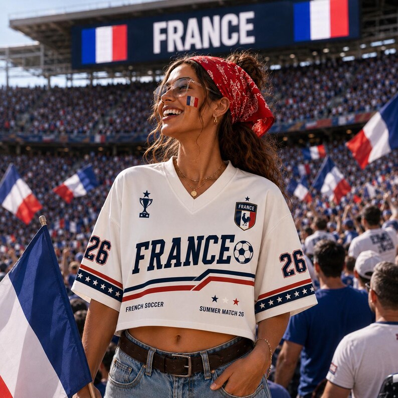 A woman wearing a white jersey with "FRANCE" printed on it, smiling and holding a French flag, stands in front of a large crowd at a soccer stadium.