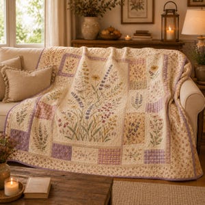 May include: A cream-colored quilt featuring a central panel with a botanical print of wildflowers in shades of yellow, purple, and green, surrounded by smaller rectangular blocks with coordinating floral patterns and a light purple checkered border.