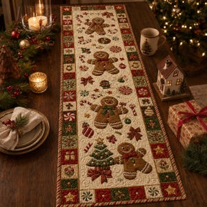 May include: A rectangular fabric table runner featuring a cream-colored center panel decorated with gingerbread people, Christmas trees, candy canes, and peppermint candies. The border consists of alternating red and green squares.
