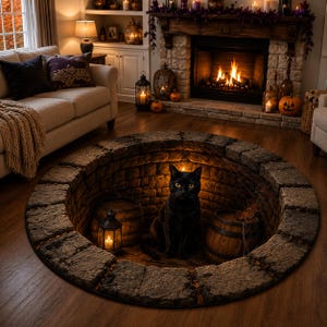 May include: A circular area rug featuring a realistic 3D print of a stone well interior. The design includes a black cat sitting in the center, flanked by two wooden barrels and a lit lantern, all set against a dark, textured brick wall background.