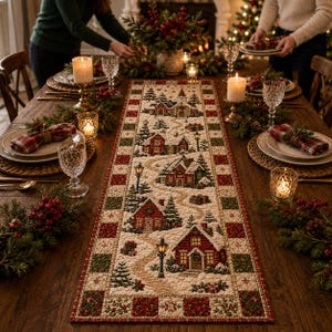 May include: A rectangular fabric table runner featuring a festive winter village scene with snow-covered houses, evergreen trees, and street lamps. The border consists of a repeating patchwork pattern in shades of red, green, and cream.