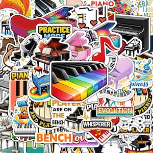 May include: A collection of colorful piano-themed stickers. The stickers feature various piano designs, including grand pianos, keyboards, and musical notes. Some stickers have text like "Practice Mode" and "Evolution". The color palette includes red, pink, blue, and a rainbow keyboard.