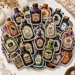 May include: A collection of die-cut stickers featuring various potion bottles with cork stoppers. Each bottle displays unique labels like Witches Brew, Ghost Brew, Bone Dust, Poison, and Bat Wing Tonic, decorated with illustrations of skulls, ghosts, and bats.