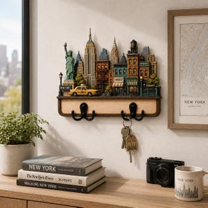 May include: A wall-mounted key holder featuring a three-dimensional New York City skyline model. The scene includes the Statue of Liberty, skyscrapers, a yellow taxi, and storefronts with signs reading I NY, COFFEE, and SUBWAY. Two black metal hooks.