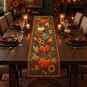 May include: A rectangular quilted table runner featuring a dark green background with a printed pattern of orange pumpkins, white gourds, yellow sunflowers, autumn leaves, wheat stalks, and pinecones, finished with a thin orange border.