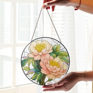 Pink Peony Stained Glass Suncatcher, Flower Suncatcher for Hanging Decor, Peony Birthday Gifts, Mom Gift Ideas, Gardening Lover Gift