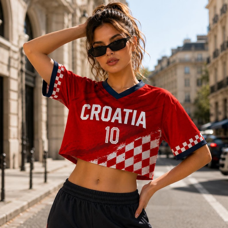 A woman wearing a red Croatia soccer jersey with the number 10, posing on a city street.