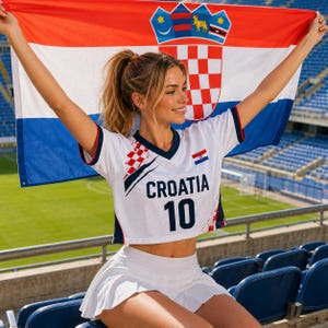 A woman in a white sports uniform is holding up a large red, white, and blue flag with the word "Croatia" on it, while sitting in a stadium.